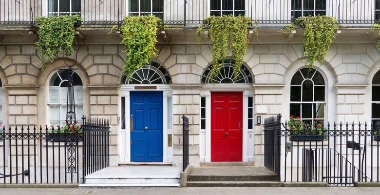 London Houses red door and blue door